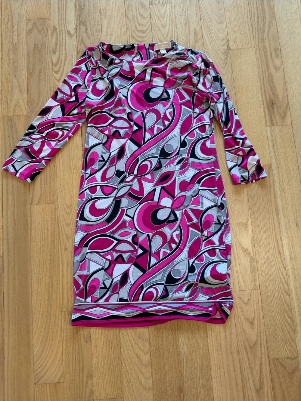 Michael Kors Pink Black White Geometric Print Long Sleeve Dress